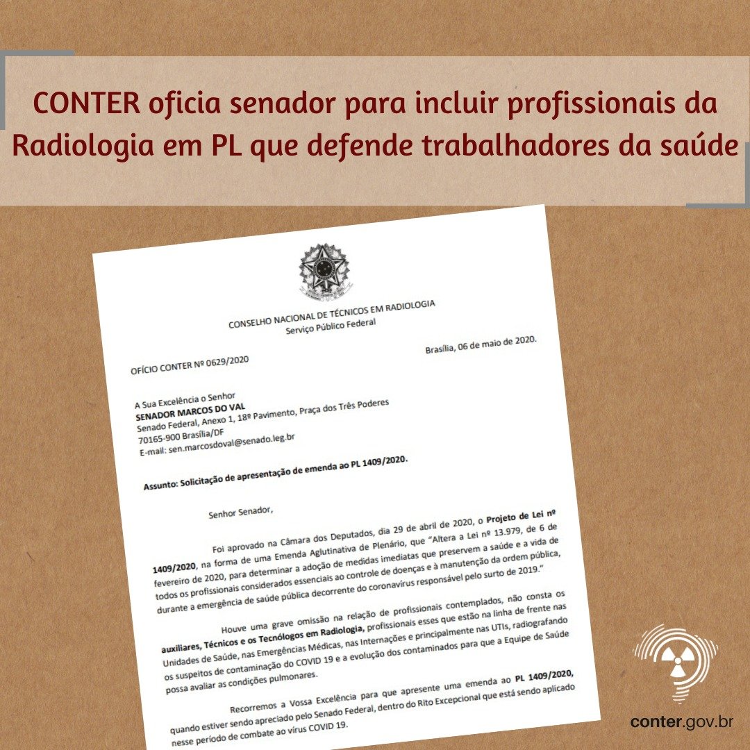CONTER oficia senador para incluir profissionais da Radiologia em PL que defende trabalhadores da saúde